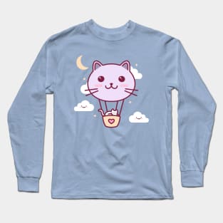 Cat Balloon Kawaii Illustration Long Sleeve T-Shirt